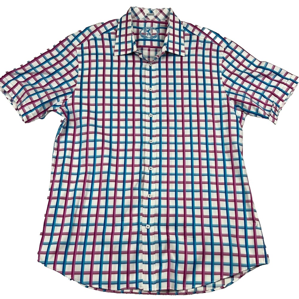 Bugatchi Shaped Fit 2XL Plaid Short Sleeve Button Up Shirt Pink Blue